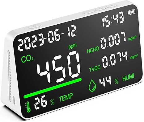 7-in-1 Air Quality Monitor, Indoor Humidity Monitor, Temperature, CO2, TVOC, HCHO, Time, Date Display Desktop Air Quality Tester, Air Quality Meters for Home Office Hotel Restaurant School