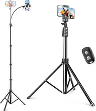 Load image into Gallery viewer, Sensyne 88" Phone Tripod, Selfie Stick Tripod with 14.95" Flexible Gooseneck, Overhead Cell Phone Stand for Video Recording, Photography, Compatible with Phone, Camera
