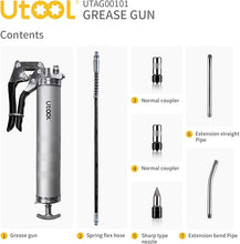 Load image into Gallery viewer, UTOOL Grease Gun, 8000 PSI Heavy Duty Pistol Grip Grease Gun Kit with 14 oz Capacity, 18 Inch Resin Flex Hose, 2 Basic Coupler, 2 Extension Rigid Pipe and 1 Sharp Type Nozzle, Argent Matte Finish
