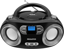 Load image into Gallery viewer, MEGATEK Portable CD Player Boombox with FM Radio, Bluetooth, and USB Port | Clear Stereo Sound | CD-R/RW and MP3 CDs Compatible | 3.5mm Aux Input and Headphone Jack | Backlit LCD Display - Black
