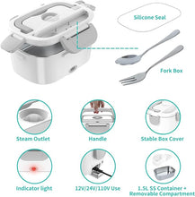 Load image into Gallery viewer, Electric Lunch Box, Food Warmer Heater 12V 24V 110V, 80W Faster Heated Lunch Box for Car/Truck/Home Portable Heating Boxes with 1.5L 304 SS Container Fork &amp; Spoon, White+Gray
