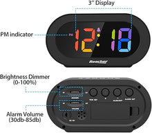 Load image into Gallery viewer, REACHER Small Digital Rainbow LED Alarm Clock with Snooze, Easy to Use, Full Range Brightness Dimmer, Adjustable Alarm Volume, Outlet Powered, Compact Clock for Bedroom, Bedside, Desk, Shelf…
