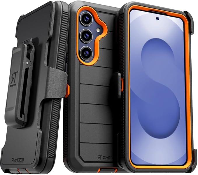 for Samsung Galaxy S25+ Case with Belt Clip Holster & Kickstand, Screenless Protective Dual-Layer Shockproof Phone Case for Galaxy S25 Plus - Black & Orange