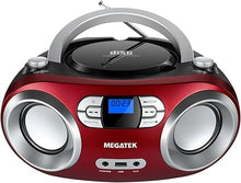 Load image into Gallery viewer, MEGATEK Portable CD Player Boombox with FM Radio, Bluetooth, and USB Port | Clear Stereo Sound | CD-R/RW and MP3 CDs Compatible | 3.5mm Aux Input and Headphone Jack | Backlit LCD Display - Cherry Red
