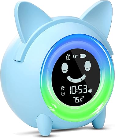 Kids Alarm Clock, Toddlers Sleep Training Clock with Night Light Sound Machine Nap Timer, Stay in Bed Clock, Cute Kids Room Decor, Gift Ideas for Boy Girl