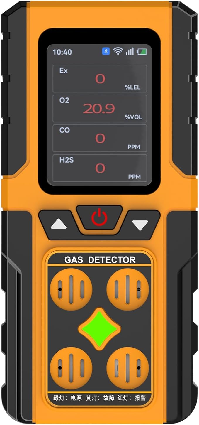 4 Gas Detector Monitor – H2S, O2, CO, LEL Gas Monitor with LCD Display – Rechargeable Personal Gas Sniffer Alarm with Audible, Visual, Vibration Alerts – Portable, Durable, Industrial Safety Device
