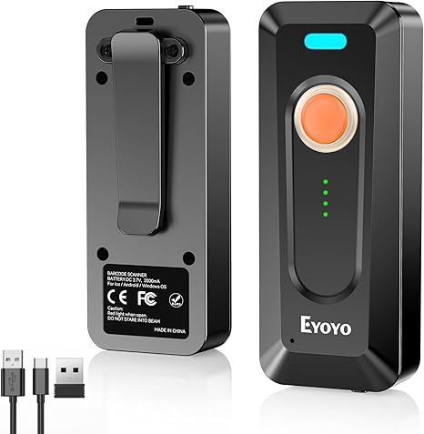 Eyoyo Portable 2D Bluetooth Barcode Scanner with Clip, 2000mAh Battery with Level Indicator, Wireless Mini 1D QR Bar Code Reader Compatible with Android, iPad, iPhone for Warehouse Inventory