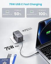 Load image into Gallery viewer, Universal Travel Adapter, VINTAR 75W GaN International Power Adapter with 3 USB C PD and 2 USB A QC, All in One Travel Essentials for UK/EU/USA/AUS, Travel Adapter Worldwide for Laptops Phones, Grey
