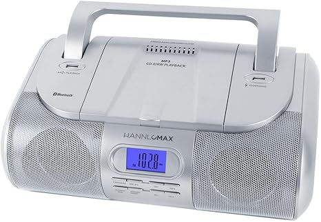 HANNLOMAX HX-318CD Portable CD/MP3/USB Boombox, FM PLL Radio, Bluetooth, 1 USB Port for MP3 Playback, 1 USB Port for 1A Charging, Aux-in Jack, Headphone Jack, AC/DC Dual Power Source. (Silver)