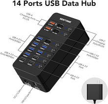 Load image into Gallery viewer, Powered USB Hub,14 Ports USB Data Hub Splitter with 6 USB 3.0 Port,4 Charging Port,1 USB-C 3.0 Data Port,1 PD 60W Charging Port w LED Individual On/Off Switches for MacBook,Mac Pro,Laptop/PC
