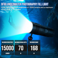 Load image into Gallery viewer, TrustFire DF90 Scuba Diving Light, 15000 Lumens Video Camera Photography Dive LED Flashlight, 70M Underwater Scuba Diving Flashlight, Super Bright, with Violet Red White Lights
