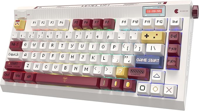RisoPhy PC423 Wireless Creamy Keyboard with Screen & Knob, 75% 2.4G/Bluetooth/USB-C Gasket RGB Mechanical Keyboard, Hot Swappable, Five-Layer Padding & Pre-lubed Linear Switch, Retro Red and White
