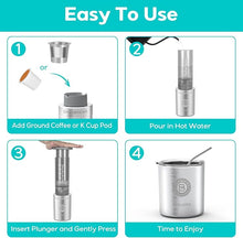 Load image into Gallery viewer, CASABREWS Portable Coffee Maker, 2 in 1 Small Travel Coffee Machine for K Cup Pod or Ground Coffee, Quick Coffee Press Kit with Stainless Steel Coffee Cup, Cup Lid, Straw and Storage Bag
