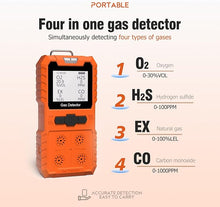 Load image into Gallery viewer, 4 Gas Detector, detectable CO,O2,H2S,EX, Rechargeable LCD Display Portable Gas Monitor Sound, Light and Vibration Alarm Gas Sniffer(Orange)
