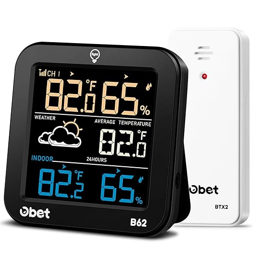 OBET Indoor Outdoor Thermometer Wireless Weather Station Average Outdoor Temperature and Humidity Monitor Digital Thermometer Inside Outside Remote 500ft/150m for House Patio