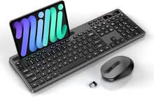 Load image into Gallery viewer, Wireless Keyboard and Mouse Combo, Soueto 2.4G Full-Sized Computer Keyboard with Phone Tablet Holder, 22 Multimedia Shortcuts, Numeric Keypad, 6 Button Silent Mouse for Windows, Mac (Black-Gray)
