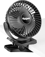 Load image into Gallery viewer, Viniper 6 inch Rechargeable Clip on Fan, 5000mah Battery Desk Fan : 360° Rotation &amp; 3 Speeds Strong Wind Portable Fan, 8-30 Working Hours, Quiet and Powerful (Black)

