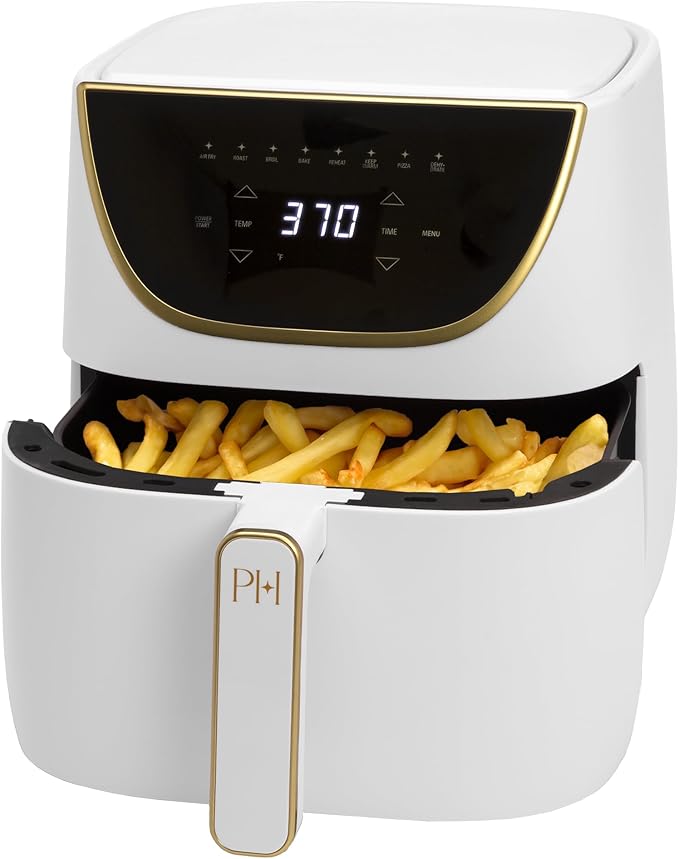 Paris Hilton Air Fryer, Large 6-Quart Capacity, Touchscreen Display, 8-in-1 (Air Fry, Roast, Broil, Bake, Reheat, Keep Warm, Pizza, Dehydrate), Dishwasher Safe and Nonstick Basket and Crisper, White