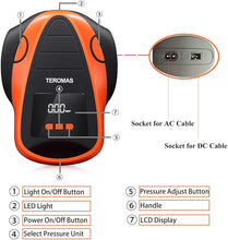 Load image into Gallery viewer, TEROMAS Tire Inflator Portable Air Compressor, Air Pump DC/AC for Car Tires 12V DC and Other Inflatables at Home 110V AC, Digital Electric Tire Pump with Pressure Gauge(Orange)
