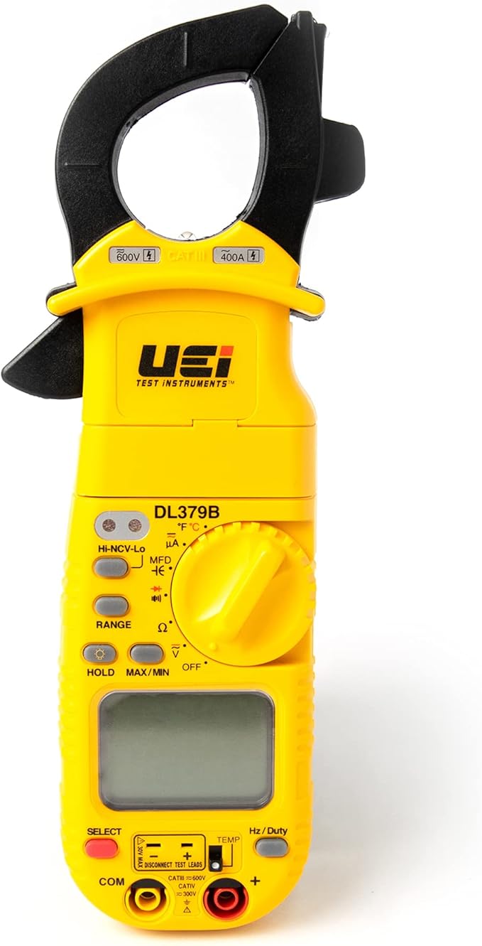 UEi DL379B Digital Clamp Meter Auto Ranging, HVAC Current Voltage Tester w/Magnetic Mount, Measures AC Amps AC/DC Volts Temperature Capacitance Frequency Diodes Duty Cycle Continuity Resistance NCV