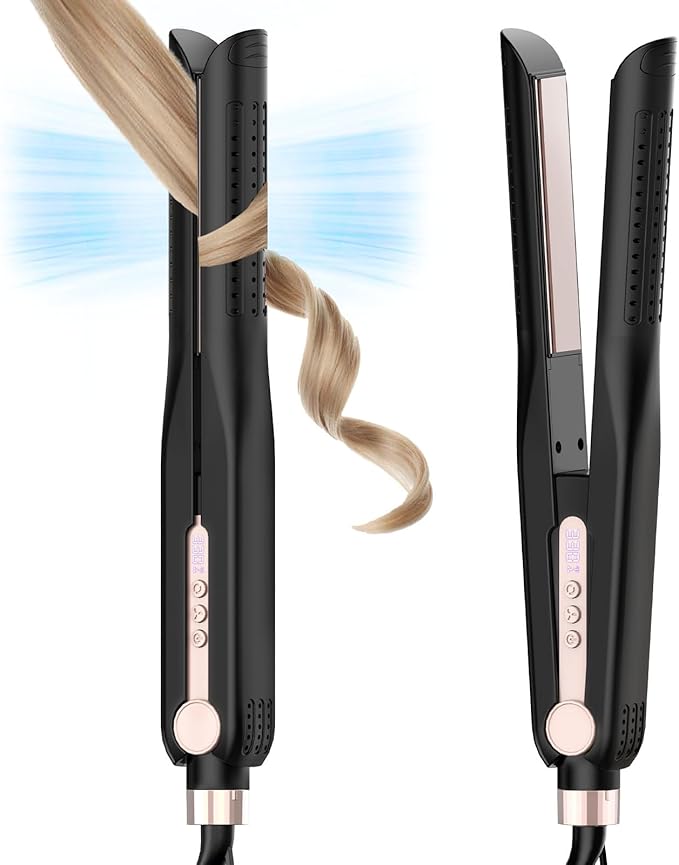 SKIMI Airflow Styler, Titanium Flat Iron Hair Straightener & Curler, Professional Curling Wand with Cooling Air Vents to Lock in Style, 5 Temps & Dual Voltage(Black & Pink).