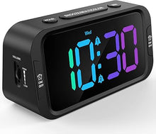 Load image into Gallery viewer, Digital Dual Alarm Clock for Bedroom: RGB Electric Clock with USB Charger for Kids Teens - Dimmable Clock with Weekday Weekend Mode for Bedside Desk
