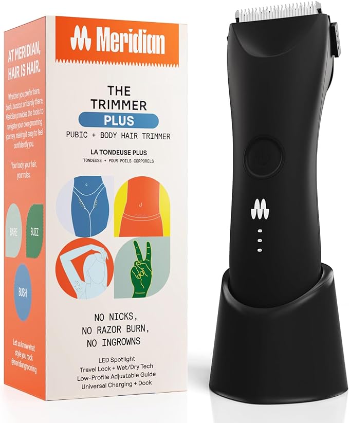 MERIDIAN Trimmer Plus Body Hair Manscaping Trimmer, Adjustable Guard, USB C Charging, Flash Light, Travel Lock, Charging Dock, Bikini Trimmer, Mens Body Hair Trimmer - Onyx