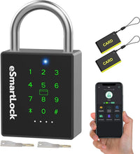 Load image into Gallery viewer, eLinkSmart Heavy Duty Smart Padlock with Key, Pad Locks with Code Keypad, Weatherproof Bluetooth RFID Keyless Electronic Digital Combination Lock for Outdoor Fence Gate Pool Shed Gym Locker Storage
