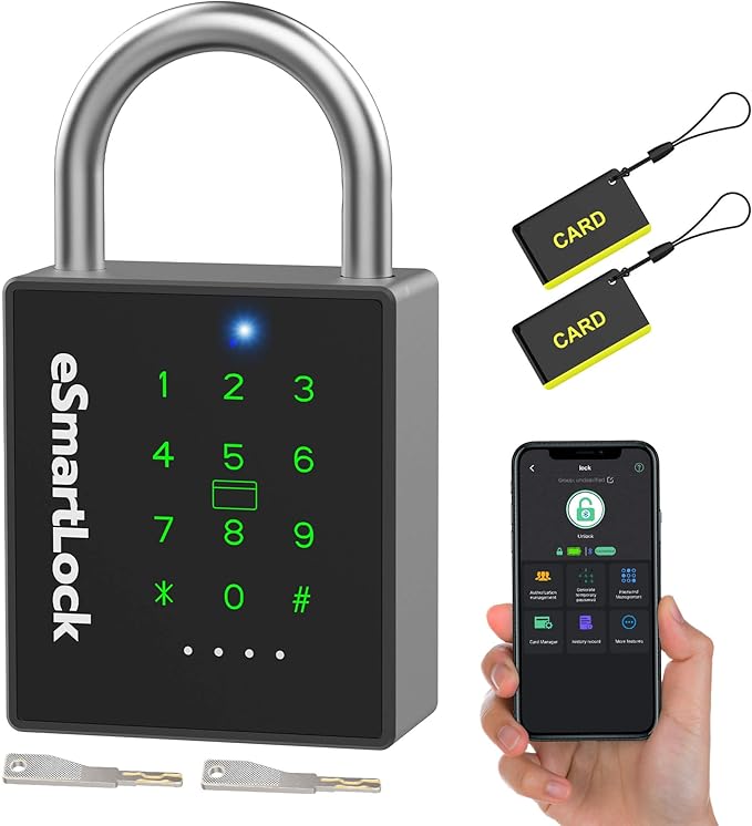 eLinkSmart Heavy Duty Smart Padlock with Key, Pad Locks with Code Keypad, Weatherproof Bluetooth RFID Keyless Electronic Digital Combination Lock for Outdoor Fence Gate Pool Shed Gym Locker Storage