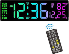 Load image into Gallery viewer, Soobest 14.2" Large Remote Digital Wall Clock with Timer for Living Room Home Gym, Plug in Big LED Electric Color Changing Clock with Date Day of Week Temperature Display for Elderly Seniors, Auto DST
