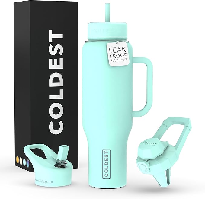 Coldest Tumbler with Handle and Straw Lid | 3 Lids Insulated Reusable Stainless Steel Water Bottle Travel Mug | Gifts for Women Him Her | Limitless Collection (46 oz, Oceanic Green)