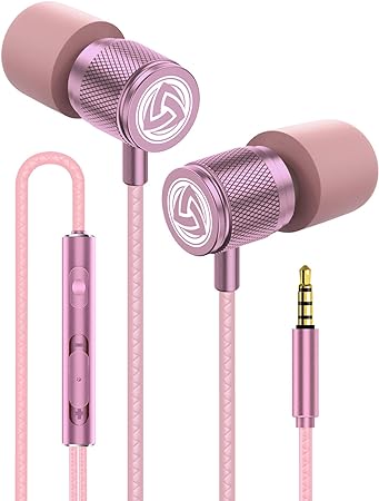 LUDOS Ultra Wired Earbuds in-Ear Headphones, 5 Years Warranty, Earphones with Microphone, Noise Isolating Ear Buds, Memory Foam for iPhone, Samsung, School Students, Kids, Women, Small Ears - Pink