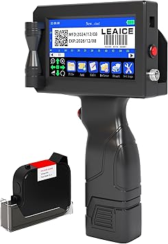 Handheld Inkjet Printer with 42ml Black Quick-Drying Ink Cartridge, Portable Handheld Printer Gun Printing Height 0.08-0.5 Inch for Text QRCode Barcode Batch Number Label Logo Image for Any Surface