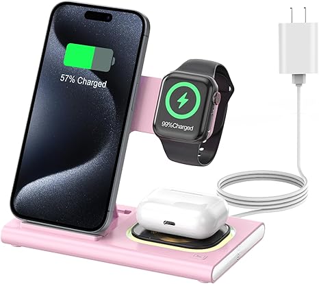 3 in 1 Foldable Charging Station for Apple Products,Fast Wireless Charger Travel Dock Adapter&Light for iPhone 16/15/14/13/12/11/X/XS,for iWatch 10/9/8/7/Ultra2/Ultra/SE,for AirPods 4/3/2/Pro/2(Pink)