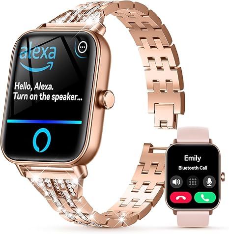 Smart Watch for Women with Diamond Jewelry Watchband, Alexa Built-in, IP68 Waterproof Activity Fitness Tracker with Bluetooth Call, 1.8