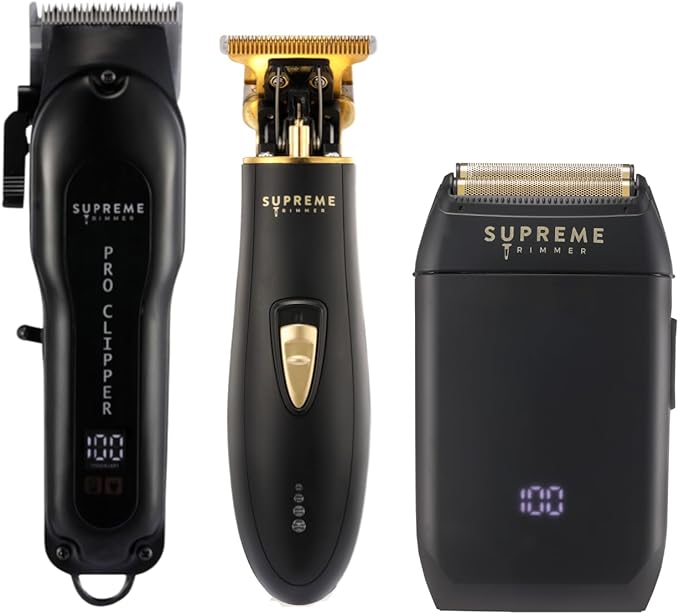 Supreme Trimmer 3-in-1 Barber Bundle | Pro Clipper, T-Shaper Trimmer & Crunch Foil Shaver | Professional Beard Trimmer Men’s Hair Clipper Kit | Black