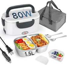 Load image into Gallery viewer, Electric Lunch Box 80W for Adults, 1.5L Lunch Warmer with 2 Compartments for Truck/Car/Work, Fast Portable Heated Lunch Box Food Warmer Heater 12/24/110V, Removable Stainless Steel Container
