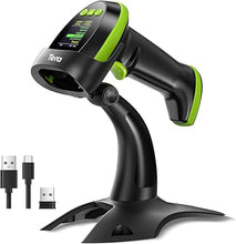 Load image into Gallery viewer, Tera Barcode Scanner Wireless 2D QR with Stand: Digital Setting Screen Keypad Pro Version Extra Fast Scanning Speed Works with Bluetooth 2.4G Wireless USB Wired Bar Code Reader HW0009-Z Green
