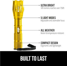 Load image into Gallery viewer, Gorilla Grip Powerful LED 750 FT Water Resistant 5 Adjustable Mode Tactical Flashlight, High Lumens Ultra Bright Battery Life Zoom Flashlights, Small Camping Car Mini Flash Light Accessories, Gold
