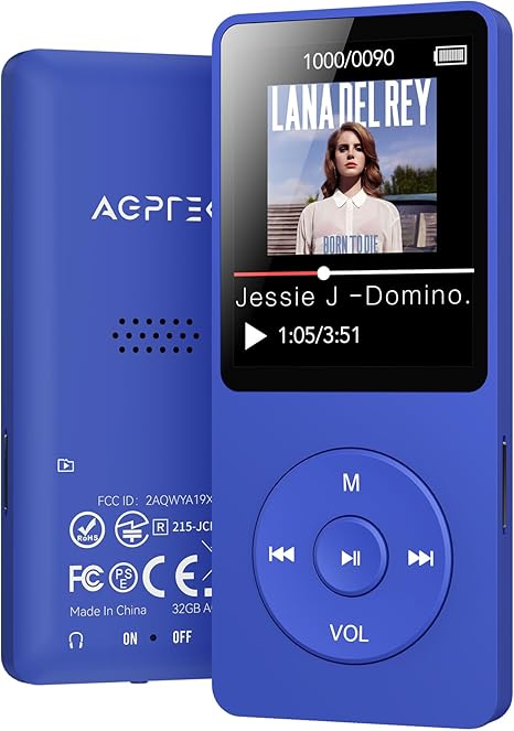 AGPTEK A02 MP3 Player with Bluetooth 5.3, 1.8 inch Screen Portable Music Player with Speaker, FM Radio, Voice Recorder, Supports Expanded Up to 128GB(Blue, 32GB)