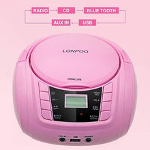 Load image into Gallery viewer, LONPOO Portable Boombox - CD Player, Bluetooth, USB, MP3, AUX, FM Radio, Portable, Built-in Stereo Speakers, Carrying Handle, LCD Display, Pink
