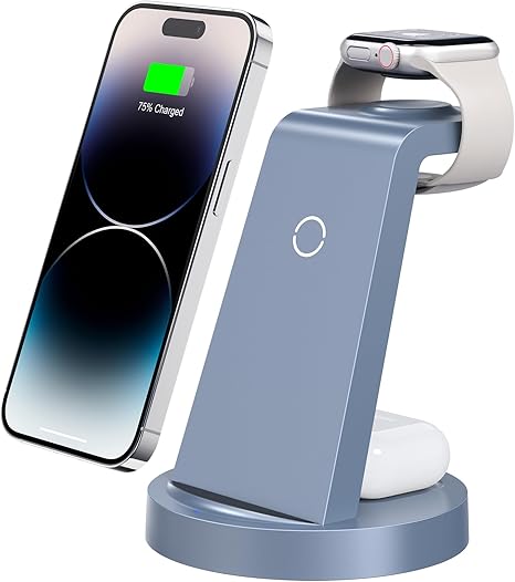 3 in 1 Charging Station for iPhone, Wireless Charger for iPhone 16 15 14 13 12 11 X Pro Max & Apple Watch - Charging Stand Dock for AirPods (Blue)