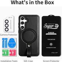 Load image into Gallery viewer, for Samsung Galaxy S25 Case with Stand, Anti-Slip Shockproof Loop, Compatible with MagSafe, Magnetic Protective Leather Case with Camera Lens and Screen Protector (Black, S25)
