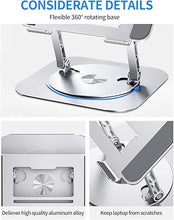 Load image into Gallery viewer, Adjustable Computer Stand with 360 Rotating Base, Ergonimic Foldable Laptop Riser for Desk Compatible with MacBook Pro/Air Notebook up to 16 Inches, Silver
