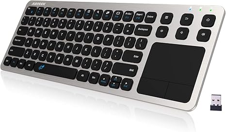 Arteck 2.4G Wireless Touch TV Keyboard with Easy Media Control and Built-In Touchpad Mouse Solid Stainless Ultra Compact Full Size Keyboard -Connected Computer, Smart TV, HTPC