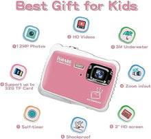 Load image into Gallery viewer, Underwater Camera for Kids - Waterproof Digital Camera with 10FT Underwater, 21MP, 1080P, 8X Digital Zoom, 2.0”LCD, Flash, Mic - Perfect for Girls - Includes Float Strap and 32G Card (Pink)
