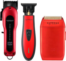 Load image into Gallery viewer, Supreme Trimmer 3-in-1 Barber Bundle | Pro Clipper, DLC T-Shaper Trimmer &amp; Crunch Foil Shaver | Professional Beard Trimmer Men’s Hair Clipper Kit | Red
