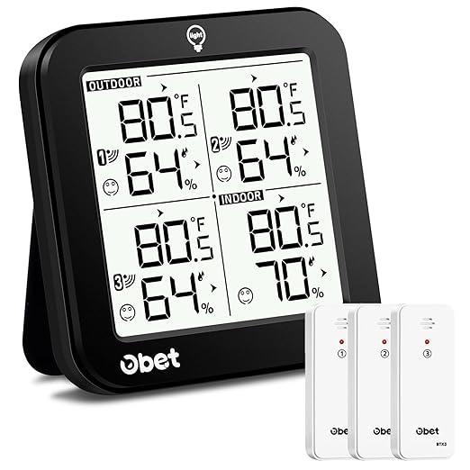 OBET Weather Stations Wireless Indoor Outdoor Thermometer and Humidity Monitor 500ft Range with 3 Remote Sensors and Adjustable Backlight After-Sale Protection