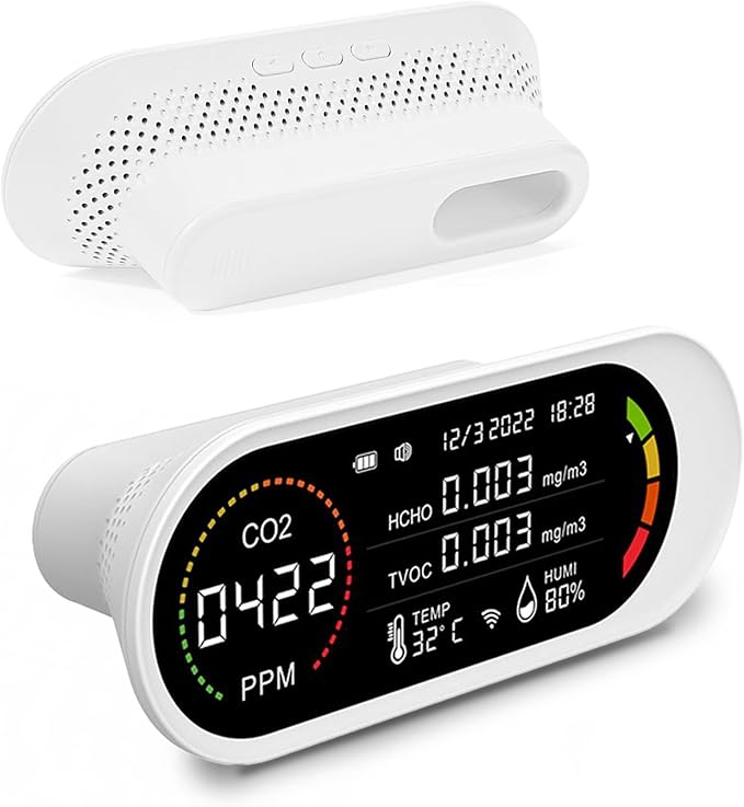 Air Quality Monitor CO2 Monitor Indoor, Portable CO2 Detector, 5 in 1 Smart Air Quality Meter, Temperature/Humidity/CO2/TVOC/HCHO Alarm Mini Air Quality Tester for Home/Travel/Office/School/Car