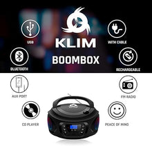 Load image into Gallery viewer, KLIM Boombox Portable Audio System - New Version 2024 - FM Radio CD Player Bluetooth MP3 USB AUX - Includes Rechargeable Batteries - Wired &amp; Wireless Modes - Compact and Sturdy - Black
